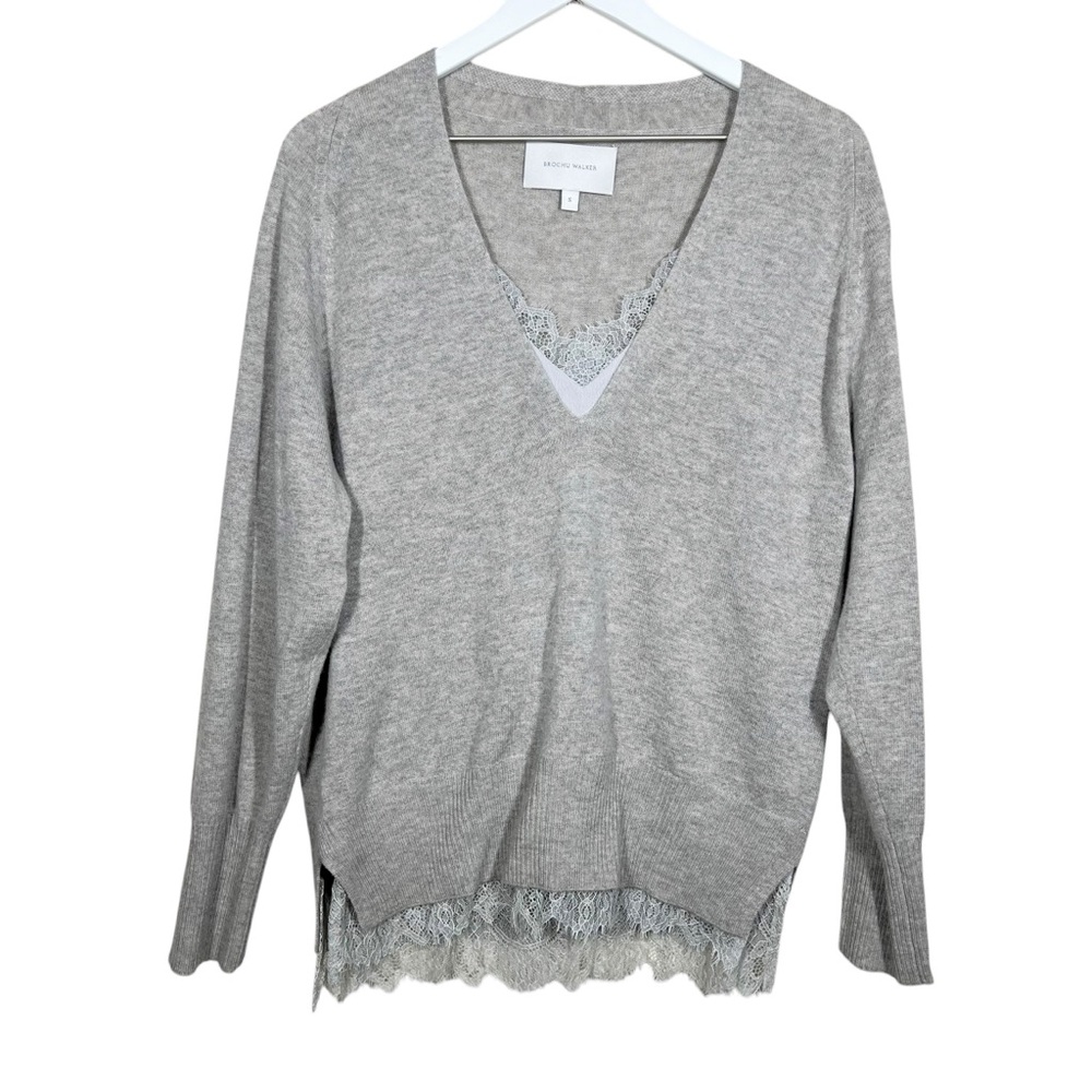Brochu Walker Gray V-Neck Sweater with Lace Trim